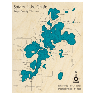 Bathymetric topo map of Spider Lake Chain, WI with roads, towns and depths noted in blue water.