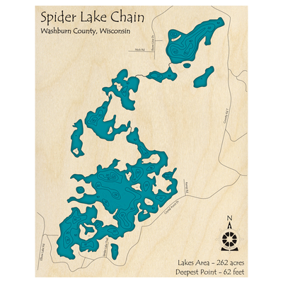 Bathymetric topo map of Spider Lake Chain, WI with roads, towns and depths noted in blue water.