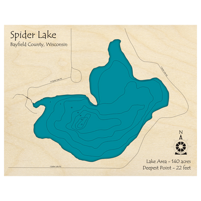 Bathymetric topo map of Spider Lake, WI with roads, towns and depths noted in blue water.