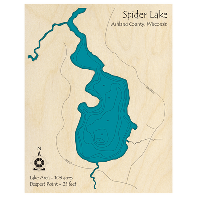 Bathymetric topo map of Spider Lake, WI with roads, towns and depths noted in blue water.