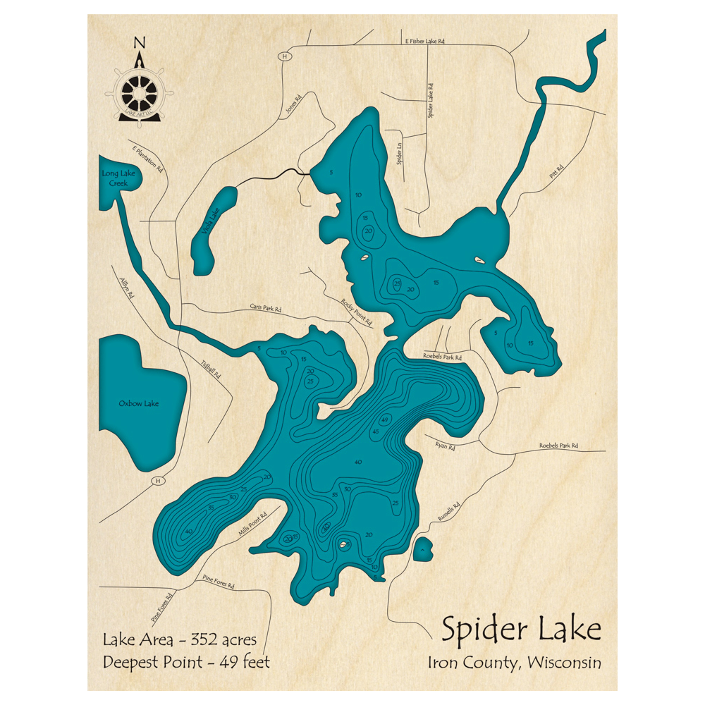 Bathymetric topo map of Spider Lake, WI with roads, towns and depths noted in blue water.