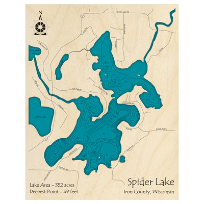 Bathymetric topo map of Spider Lake, WI with roads, towns and depths noted in blue water.