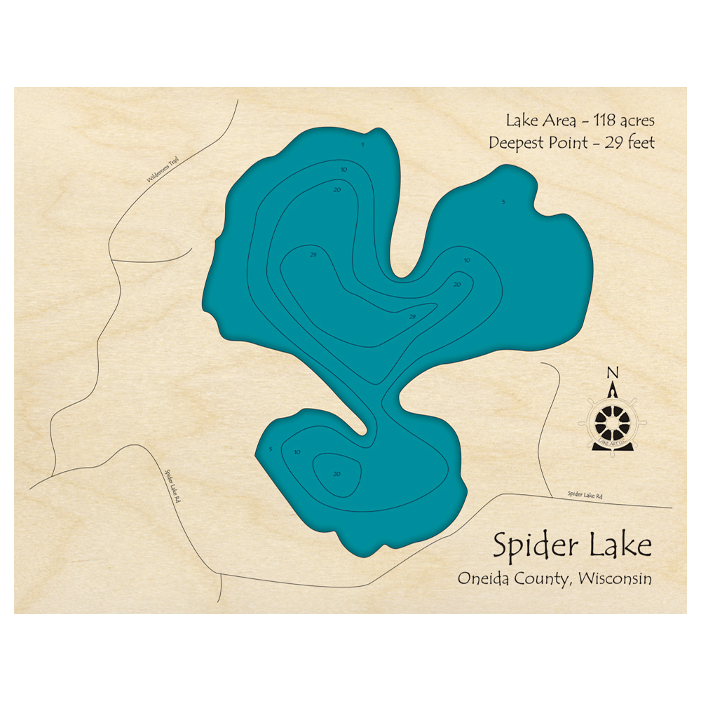 Bathymetric topo map of Spider Lake, WI with roads, towns and depths noted in blue water.