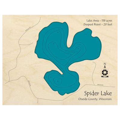 Bathymetric topo map of Spider Lake, WI with roads, towns and depths noted in blue water.