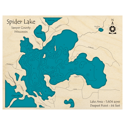 Bathymetric topo map of Spider Lake, WI with roads, towns and depths noted in blue water.
