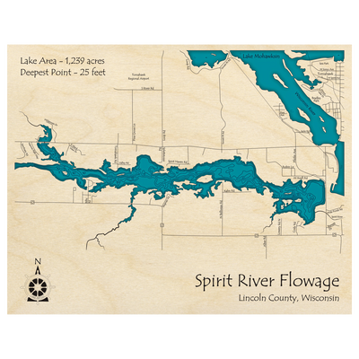 Bathymetric topo map of Spirit River Flowage, WI with roads, towns and depths noted in blue water.