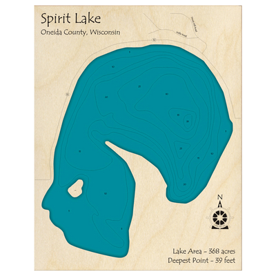 Bathymetric topo map of Spirit Lake, WI with roads, towns and depths noted in blue water.