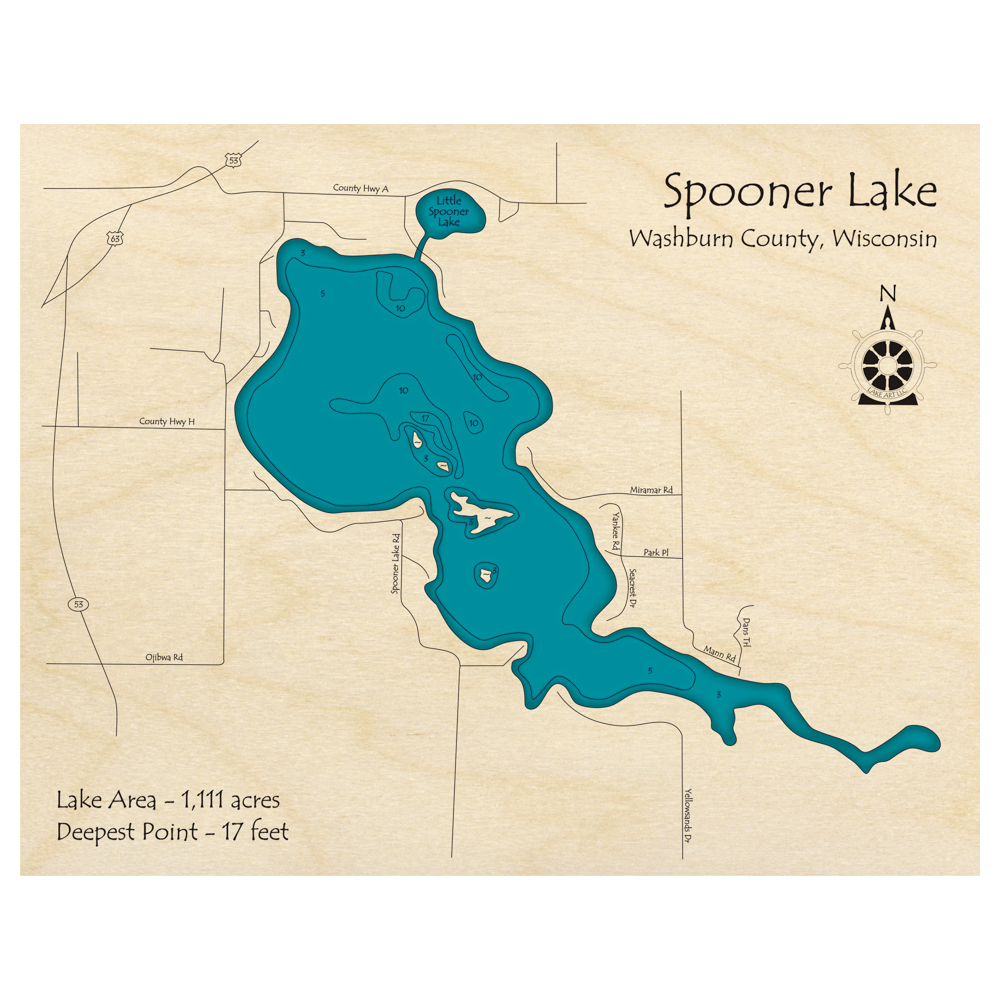 Bathymetric topo map of Spooner Lake, WI with roads, towns and depths noted in blue water.