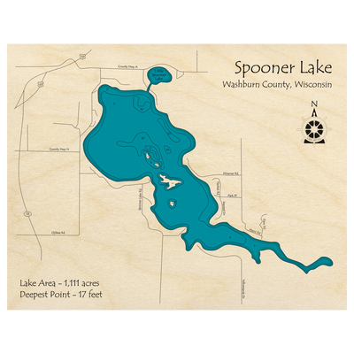 Bathymetric topo map of Spooner Lake, WI with roads, towns and depths noted in blue water.