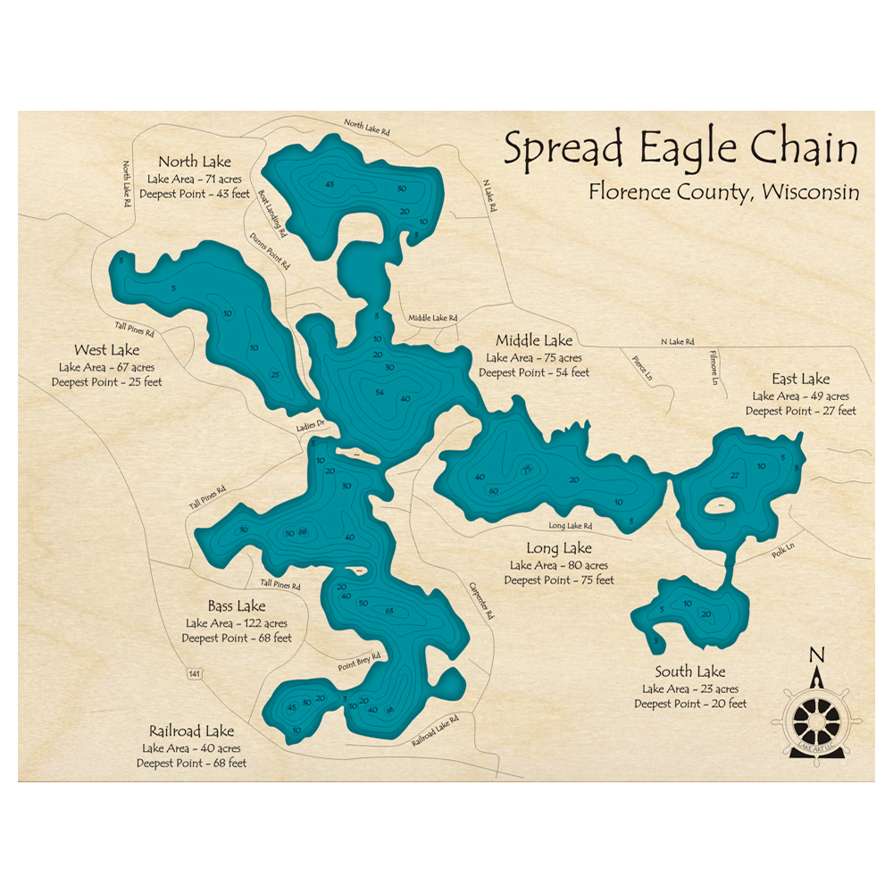 Bathymetric topo map of Spread Eagle Chain of Lakes, WI with roads, towns and depths noted in blue water.