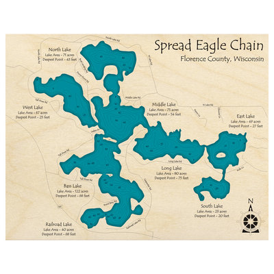 Bathymetric topo map of Spread Eagle Chain of Lakes, WI with roads, towns and depths noted in blue water.