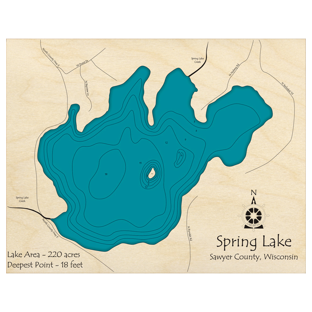 Bathymetric topo map of Spring Lake, WI with roads, towns and depths noted in blue water.