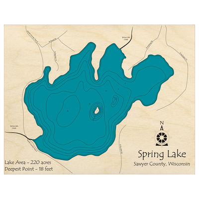 Bathymetric topo map of Spring Lake, WI with roads, towns and depths noted in blue water.
