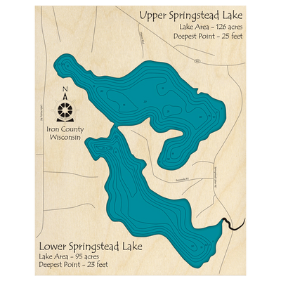 Bathymetric topo map of Springstead, WI with roads, towns and depths noted in blue water.