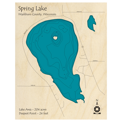 Bathymetric topo map of Spring Lake, WI with roads, towns and depths noted in blue water.