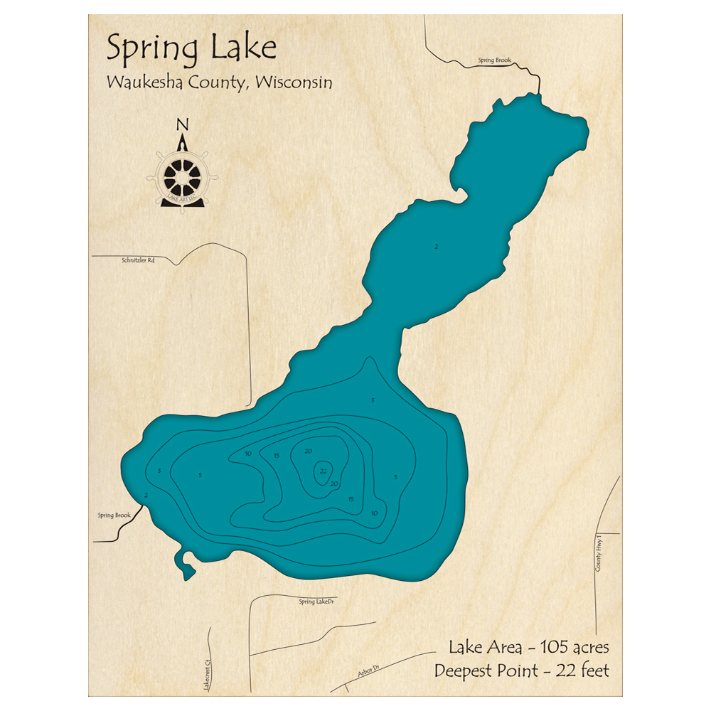 Bathymetric topo map of Spring Lake, WI with roads, towns and depths noted in blue water.