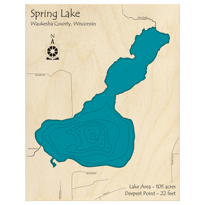 Bathymetric topo map of Spring Lake, WI with roads, towns and depths noted in blue water.