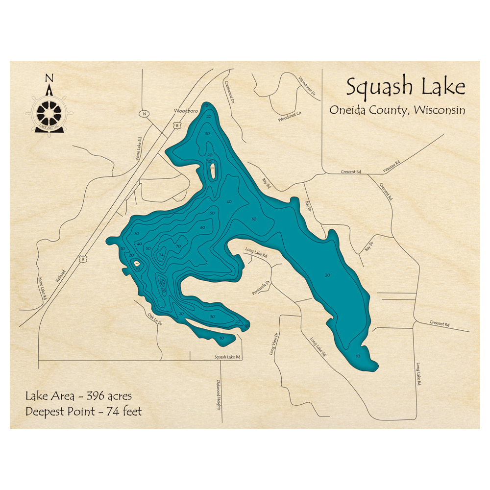 Bathymetric topo map of Squash Lake, WI with roads, towns and depths noted in blue water.