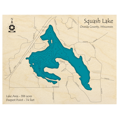 Bathymetric topo map of Squash Lake, WI with roads, towns and depths noted in blue water.