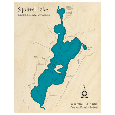Bathymetric topo map of Squirrel Lake, WI with roads, towns and depths noted in blue water.