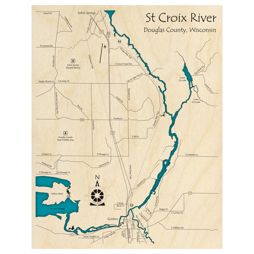 Bathymetric topo map of St Croix River, WI with roads, towns and depths noted in blue water.