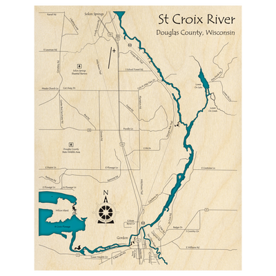 Bathymetric topo map of St Croix River, WI with roads, towns and depths noted in blue water.