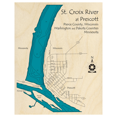 Bathymetric topo map of St Croix River (WI, MN) with roads, towns and depths noted in blue water.