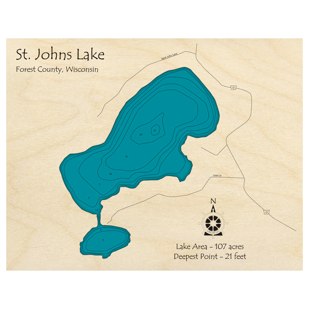 Bathymetric topo map of St Johns Lake, WI with roads, towns and depths noted in blue water.