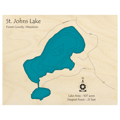 Bathymetric topo map of St Johns Lake, WI with roads, towns and depths noted in blue water.