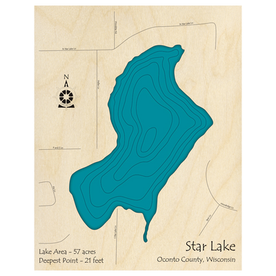 Bathymetric topo map of Star Lake, WI with roads, towns and depths noted in blue water.