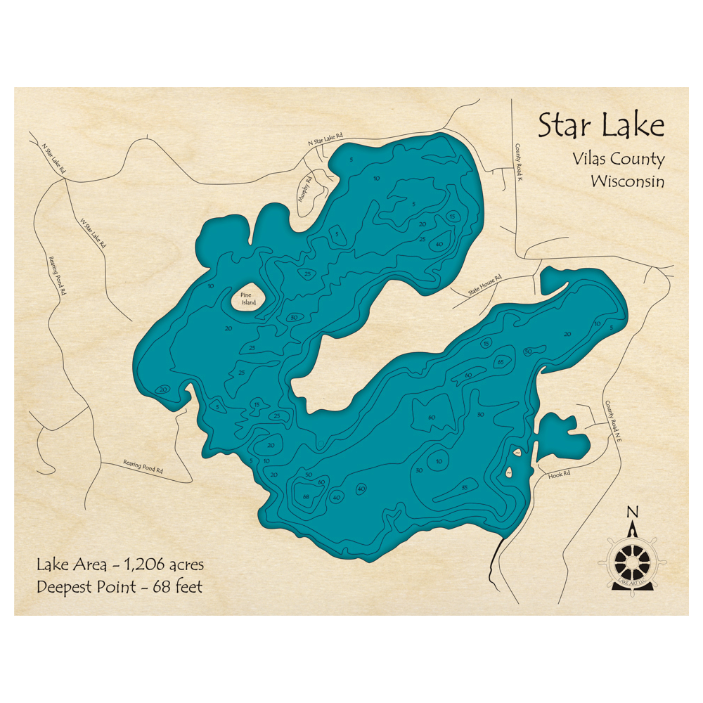Bathymetric topo map of Star Lake, WI with roads, towns and depths noted in blue water.