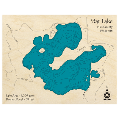 Bathymetric topo map of Star Lake, WI with roads, towns and depths noted in blue water.