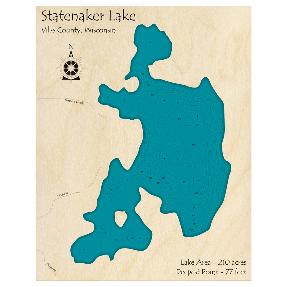 Bathymetric topo map of Statenaker Lake, WI with roads, towns and depths noted in blue water.