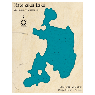 Bathymetric topo map of Statenaker Lake, WI with roads, towns and depths noted in blue water.