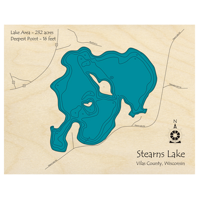 Bathymetric topo map of Stearns Lake, WI with roads, towns and depths noted in blue water.