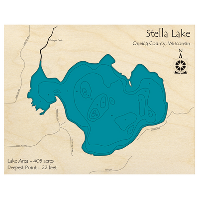 Bathymetric topo map of Stella Lake, WI with roads, towns and depths noted in blue water.