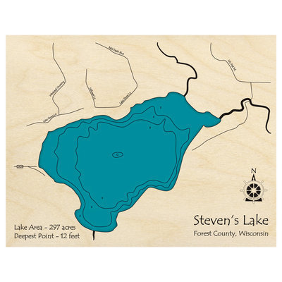 Bathymetric topo map of Stevens Lake, WI with roads, towns and depths noted in blue water.