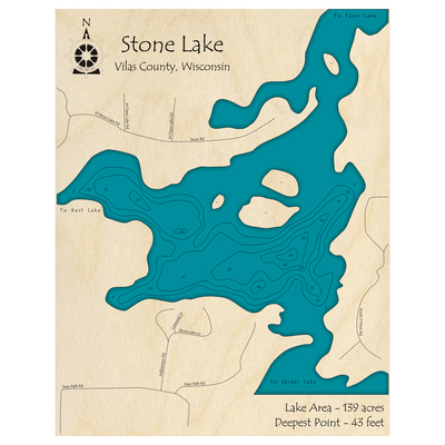Bathymetric topo map of Stone Lake, WI with roads, towns and depths noted in blue water.