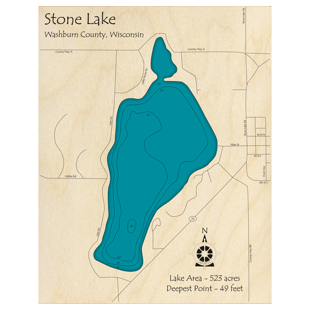 Bathymetric topo map of Stone Lake, WI with roads, towns and depths noted in blue water.