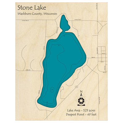 Bathymetric topo map of Stone Lake, WI with roads, towns and depths noted in blue water.