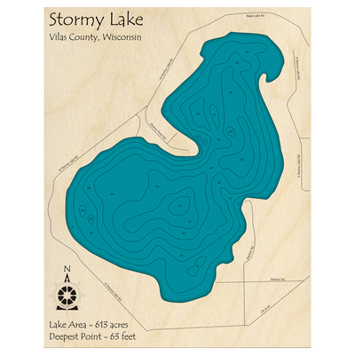 Bathymetric topo map of Stormy Lake, WI with roads, towns and depths noted in blue water.