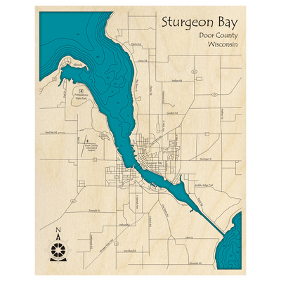 Bathymetric topo map of Sturgeon Bay, WI with roads, towns and depths noted in blue water.
