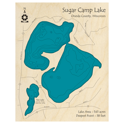Bathymetric topo map of Sugar Camp Lake, WI with roads, towns and depths noted in blue water.