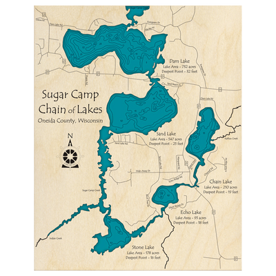 Bathymetric topo map of Sugar Camp Chain, WI with roads, towns and depths noted in blue water.