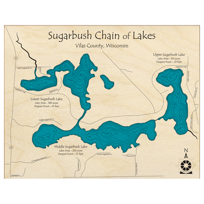 Bathymetric topo map of Sugarbush Chain of Lakes, WI with roads, towns and depths noted in blue water.