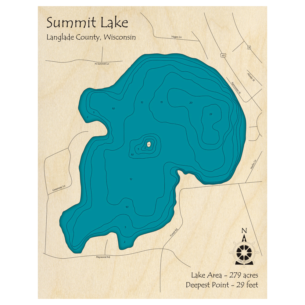 Bathymetric topo map of Summit Lake, WI with roads, towns and depths noted in blue water.