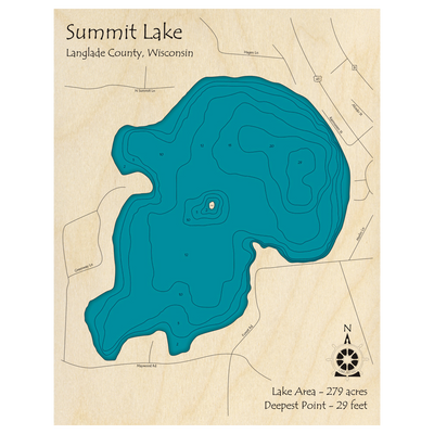 Bathymetric topo map of Summit Lake, WI with roads, towns and depths noted in blue water.