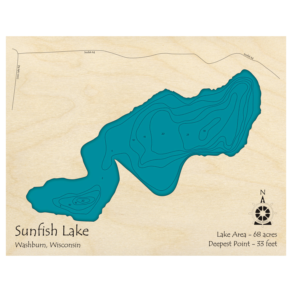 Bathymetric topo map of Sunfish Lake, WI with roads, towns and depths noted in blue water.