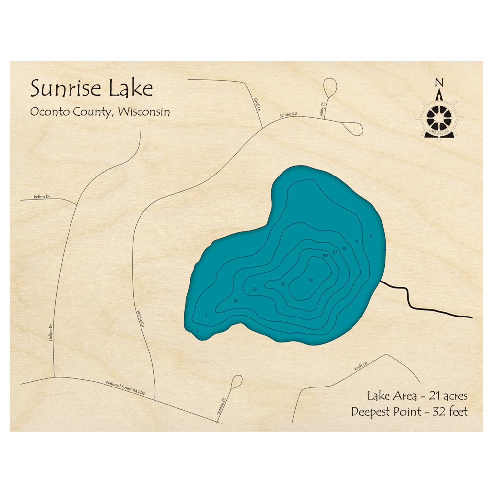 Bathymetric topo map of Sunrise Lake, WI with roads, towns and depths noted in blue water.