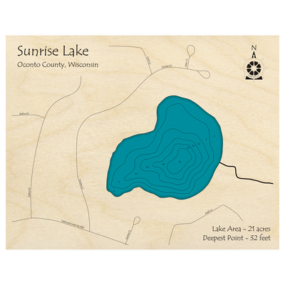 Bathymetric topo map of Sunrise Lake, WI with roads, towns and depths noted in blue water.